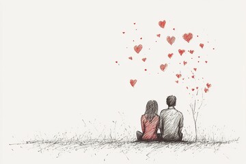 one line abstract couple with hearts romantic art