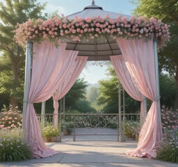 Pastel floral banners draped on a metal gazebo in scenic outdoor setting , floral arrangement, garden