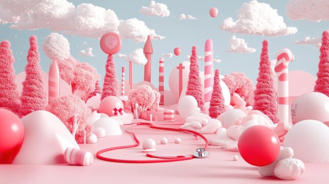 Whimsical pastel pink candy landscape with stethoscope 3 d rendering
