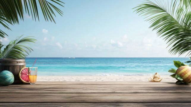 Summer beach scene empty tabletop with fruits and drink
