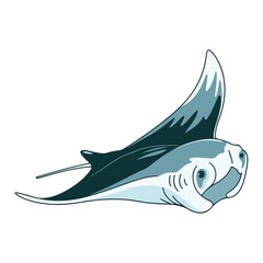 Detailed Manta Ray Illustration Swimming Gracefully in the Ocean with Dark Blue and White Colors Marine Life