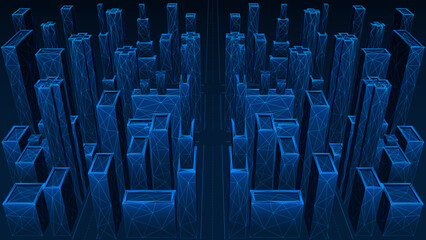 Fototapeta premium Digital city, high-rise buildings. Polygonal design of interconnected elements. Blue background.