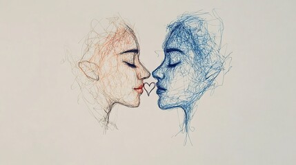 continuous line art of two faces with heart between