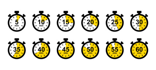 Stopwatch icon. 5, 10, 15, 20, 25, 30, 35, 40, 45, 50, 55, 60 min timer