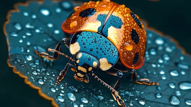 Vibrant ladybug crawling on a dew covered leaf