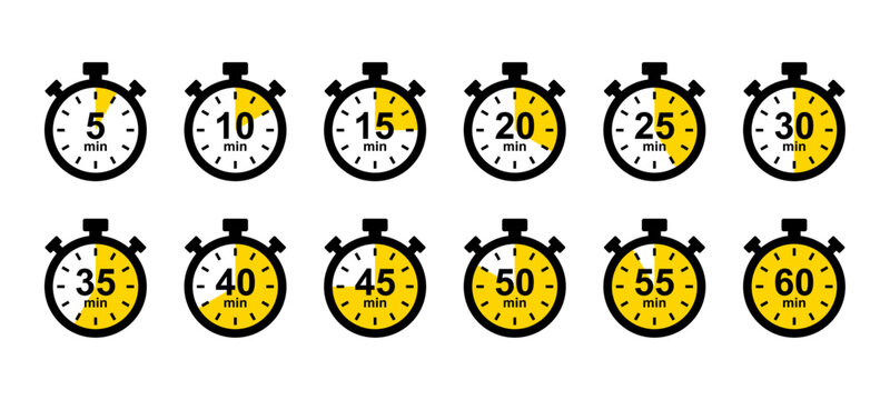Stopwatch icon. 5, 10, 15, 20, 25, 30, 35, 40, 45, 50, 55, 60 min timer