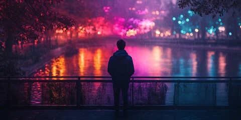 solo traveler on city bridge with night reflections