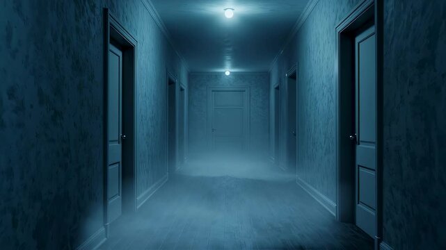 Spooky corridor in a house on a dark night with the apparition of mist. Mystery of paranormal activity for cinema, horror, scary movies. Interior design.
