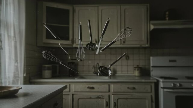 Kitchen utensils floating mid-air in old kitchen interior. Spooky poltergeist activity with flying objects. Supernatural phenomena concept for horror.
