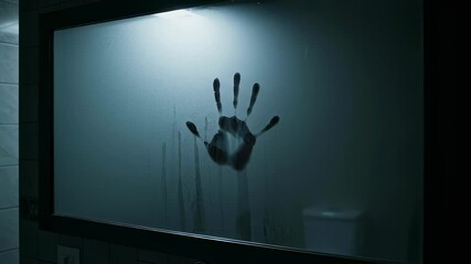 Handprint on a steamy mirror in a dark bathroom expressing mystery behind. Concept of paranormal activity and eerie scene, perfect for Halloween and horror themes.