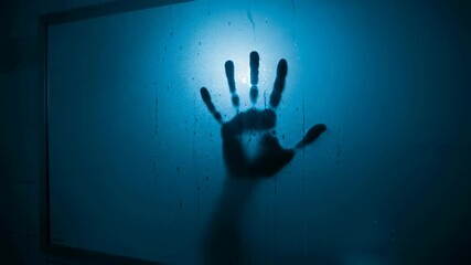 Handprint on a steamy glass. Ghostly figure with hand on misty shower door. Mystery hand behind the glass wall, touching wet window for paranormal concept.