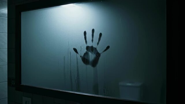 Handprint on a steamy mirror in a dark bathroom expressing mystery behind. Concept of paranormal activity and eerie scene, perfect for Halloween and horror themes.