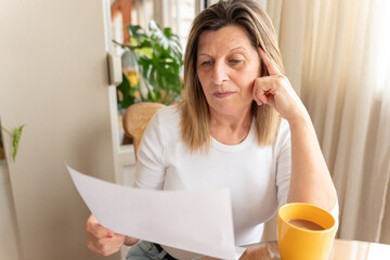 Worried senior woman reading paperwork, furrowed brow indicating concern while sitting at table near steaming coffee mug