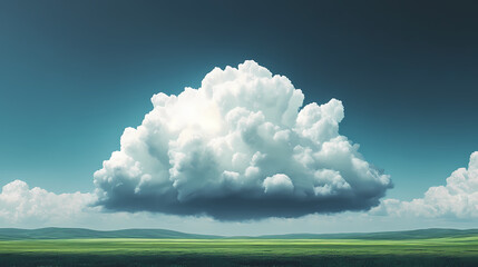 A majestic cumulonimbus cloud towers above a verdant field, its fluffy, white expanse contrasting against a rich azure sky. [Graviton Cities] | Cloud Sprawl | vapor urbanism. Illustration