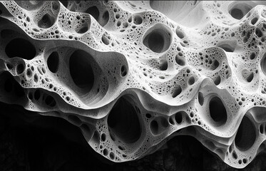 estructura biológica porosa y compleja que recuerda al hueso o esponja, destacando patrones intrincados y texturas naturales.Complejidad natural, donde los vacíos interconectados y las texturas.