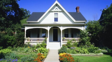 Charming Victorian Home Exterior With Lush Garden. A Beautiful, Classic American Residence.