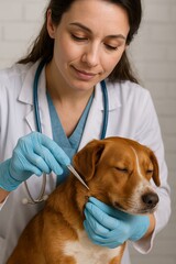 Veterinarian Removing Tick from Dog in Clinic  