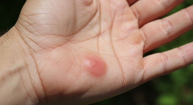 Swollen hand showing bee sting reaction against natural background  