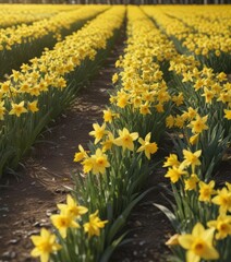 Fototapeta premium Sunlit daffodil field, vibrant yellow petals glistening , detail, vibrant, beautiful