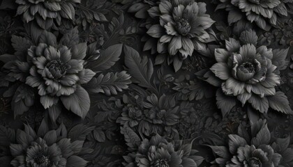 Intricate charcoal floral pattern, abstract botanicals, dark seamless wallpaper , subtle, black