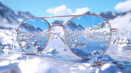 Reflected winter landscape in aviator sunglasses on ice