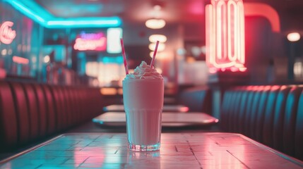 A milk shake in a diner with neon lights.