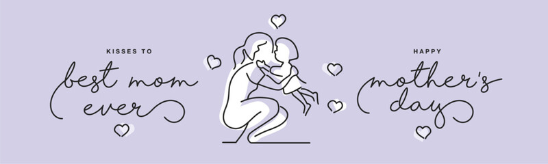 Kisses to best mom ever, Happy Mother's Day black handwritten calligraphy lettering. Line design draw of child over white silhouette giving kiss and love to mom on purple background banner