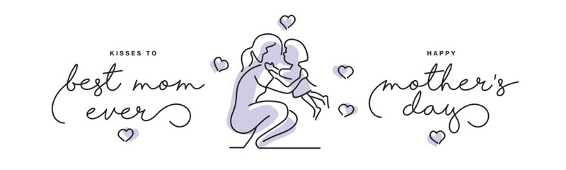 Kisses to best mom ever, Happy Mother's Day black handwritten calligraphy lettering. Line design draw of child over purple silhouette giving kiss and love to mom on white background banner