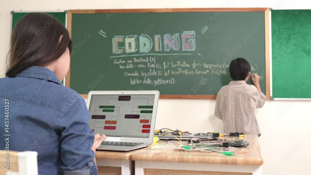 Poster girl writing engineering prompt by using ai software or programing system to generate ai on table wi
