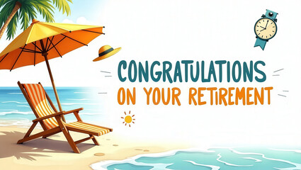 Beach-themed retirement greeting card with text "Congratulations on Your Retirement" featuring chair, umbrella, and clock illustration