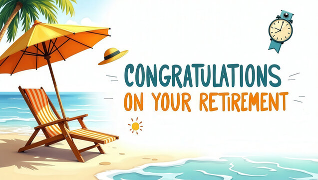 Beach-themed retirement greeting card with text "Congratulations on Your Retirement" featuring chair, umbrella, and clock illustration