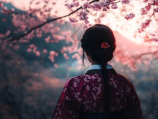 culture, hanbok, cherry blossom Woman in traditional Korean hanbok under cherry blossoms
