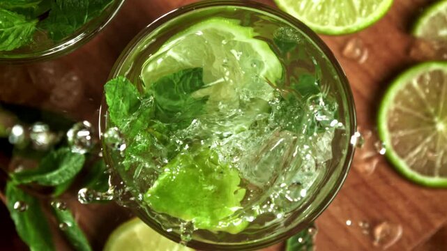 The mojito cocktail is poured into a glass. Filmed on a high-speed camera at 1000 fps. High quality FullHD footage
