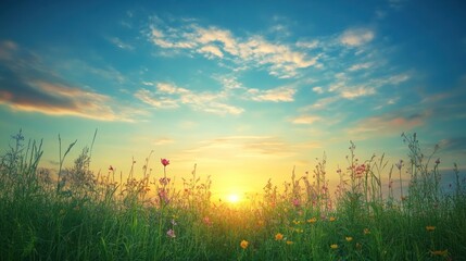 Wildflower field at sunrise with colorful sky