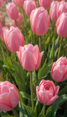 Fototapeta premium Pastel Dream: A serene close-up of delicate pink tulips blossoming in the spring, their petals unfurling in the warmth of the sun. This image evokes a sense of tranquility, renewal.