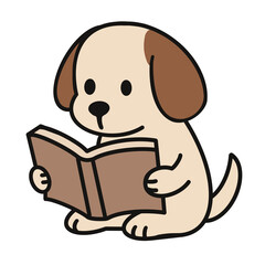 Cute cartoon puppy reading a book – isolated PNG with transparent background for stickers, digital use, and children’s designs