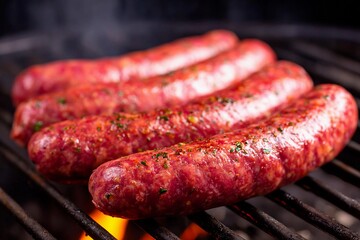Juicy sausages are grilling on a barbecue, releasing mouthwatering aromas. The outdoor atmosphere creates a perfect setting for a summer cookout, showcasing vibrant colors and textures