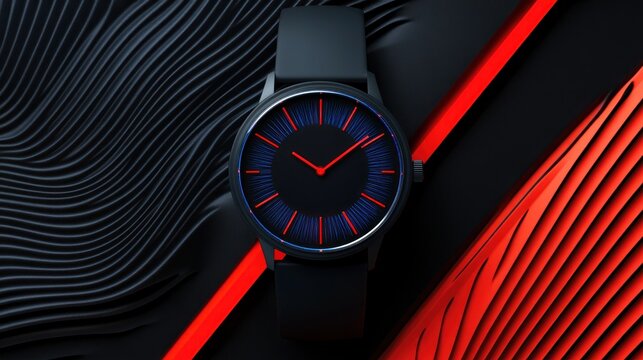 Modern black wristwatch on abstract red and black background