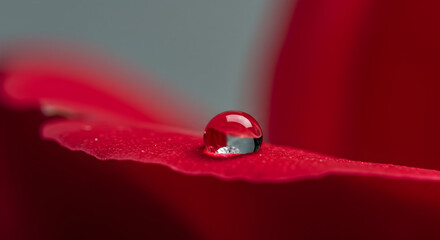 Water Droplet Reflecting on a Crimson Petal's Surface in Macro Shot