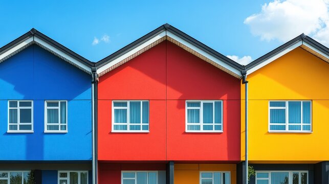Row of colorful houses under a bright sky