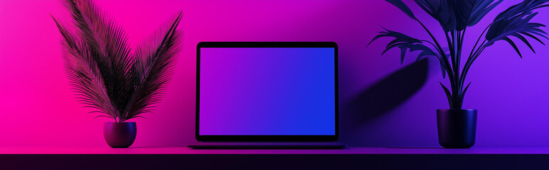 Fototapeta premium Modern laptop mockup displaying a blank gradient screen with potted plants and neon lighting