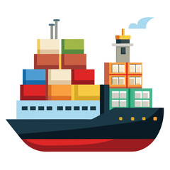 Obraz premium Cargo Ship Illustration Loaded With Colorful Containers For Global Delivery Logistics