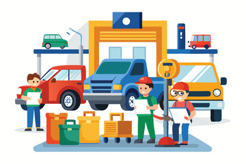 Cartoon Car Repair Shop With Mechanics And Colorful Vehicles Vector Illustration
