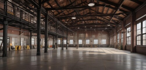 Naklejka premium Industrial loft space, high ceilings, exposed ductwork and beams , space, unfinished
