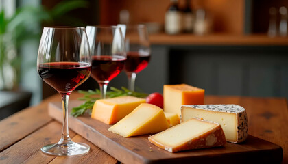 Rustic wooden board with an assortment of cheeses and three glasses of red wine, garnished with rosemary and tomato