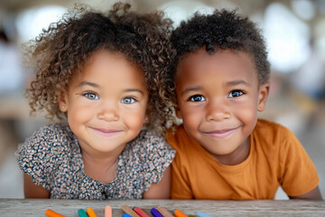 Joyful Portrait Of Two Smiling Mixed-Race Children With Brown Curly Hair In Colorful Clothing