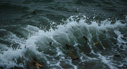 Turbulent Ocean Waves Crashing With Foam And Debris Rolling Towards Shore