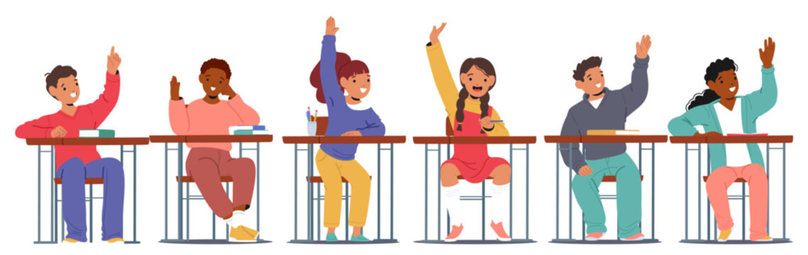 Experienced smart active children raising hands to answer on teacher question while sitting at desk