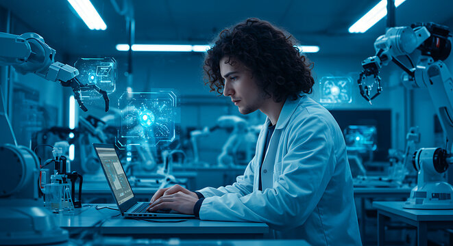 Scientist overseeing robotic automation in a lab environment, working on AI-driven systems for advanced manufacturing and research.
