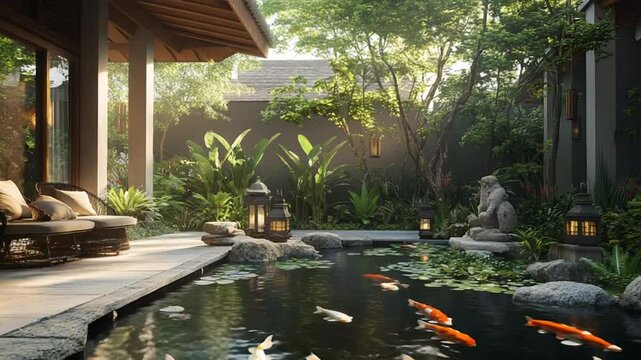 Serene Koi Pond Garden Oasis: Tranquil Asian-Inspired Courtyard Design